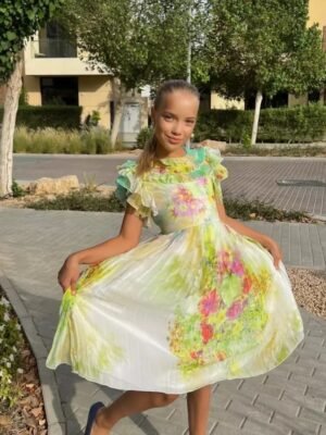Chiffon Floral Pleating Party Dress For Girls