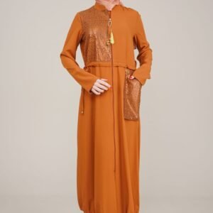 Decorated and Practical Ladies Abaya with Zipper - Tan