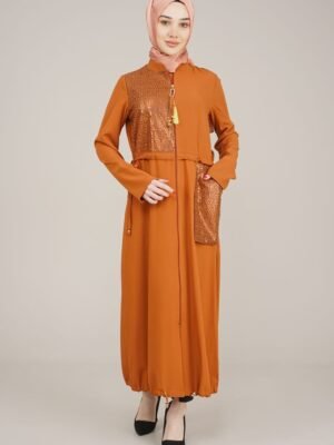 Decorated and Practical Ladies Abaya with Zipper - Tan
