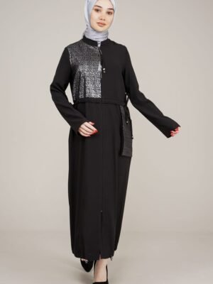 Decorated & Practical Ladies Abaya with Zipper Black