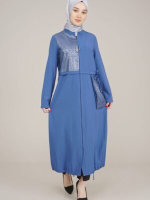 Decorated & Practical Ladies Abaya with Zipper İndigo