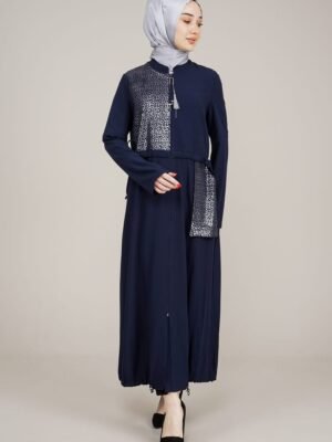 Decorated & Practical Ladies Abaya with Zipper-Navy Blue