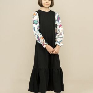 Girls Dress Long with Patterned Sleeves - Black | فساتين بنات