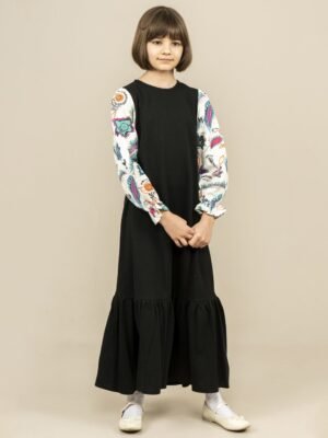 Girls Dress Long with Patterned Sleeves - Black | فساتين بنات