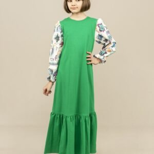 Girls Dress Long with Patterned Sleeves - Green | فساتين بنات