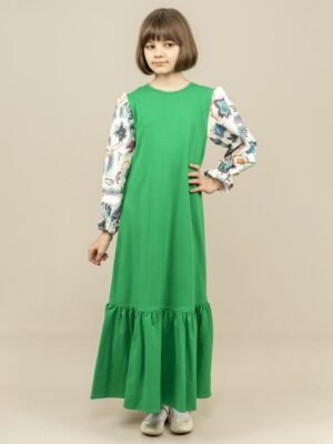Girls Dress Long with Patterned Sleeves - Green | فساتين بنات