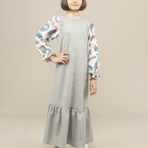 Girls Dress Long with Patterned Sleeves - Grey | فساتين بنات