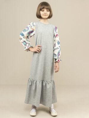 Girls Dress Long with Patterned Sleeves - Grey | فساتين بنات
