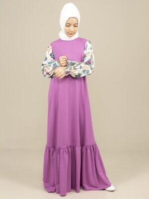 Girls Dress Long with Patterned Sleeves - Purple | فساتين بنات