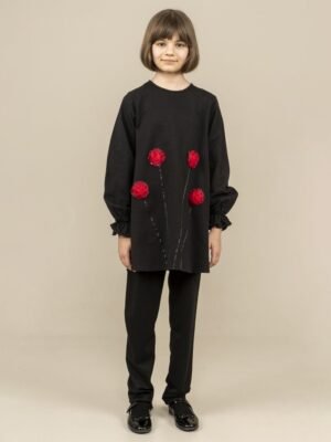 Girls Dress Tunic with Flower Details - Black | فساتين بنات