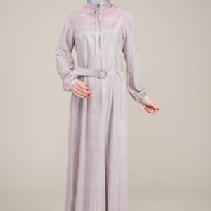 Glamorous sparkly Ladies Dress Long with Belt and Tie Neck for Special Occasion Powder