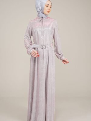 Glamorous sparkly Ladies Dress Long with Belt and Tie Neck for Special Occasion Powder