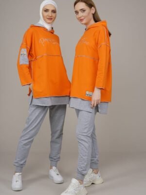 Hooded Reverse Stitched Ladies Tracksuit 2pcs Set Orange