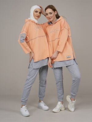 Hooded Reverse Stitched Ladies Tracksuit 2pcs Set Salmon
