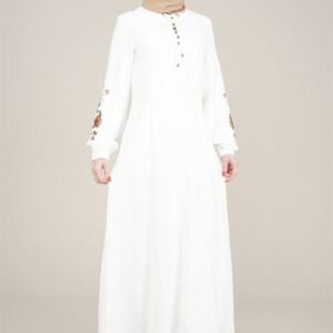 Ladies Dress Long with Embroidered Sleeves | Milky | Lamora
