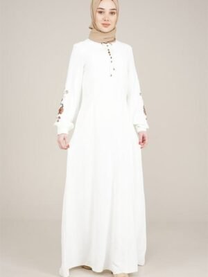 Ladies Dress Long with Embroidered Sleeves | Milky | Lamora