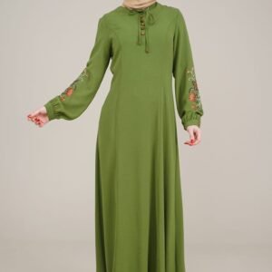 Ladies Dress Long with Embroidered Sleeves | Khaki | Lamora