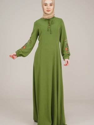Ladies Dress Long with Embroidered Sleeves | Khaki | Lamora