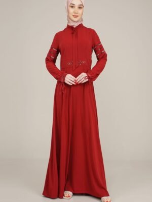 Ladies Long Dress Embroidered  | Burgundy