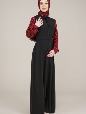 Ladies Long Dress Sparkly Sleeves | Burgundy