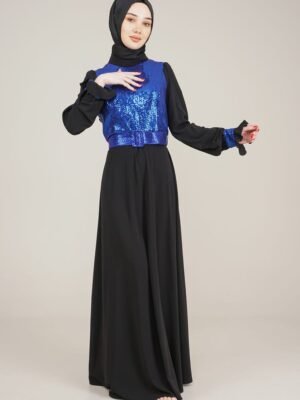 Ladies Long Dress Sparkly Top with Belt | Royal Blue
