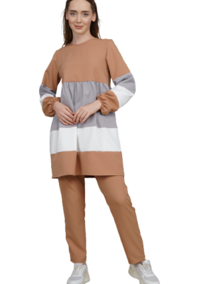 Ladies Tracksuit 2Pcs Set Tunic & Trouser Light Coffee