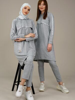 Ladies Tracksuit 2pcs Hooded Tunic & Pants | Grey