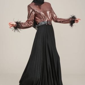 Lamora Sparkly Top Long Ladies Dress  with Belt for Special Occasion - Gold