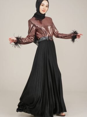 Lamora Sparkly Top Long Ladies Dress  with Belt for Special Occasion - Gold