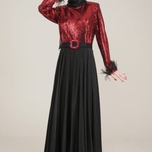 Sparkly Top Long Ladies Dress  with Belt for Special Occasion - Red