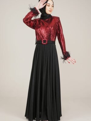 Sparkly Top Long Ladies Dress  with Belt for Special Occasion - Red