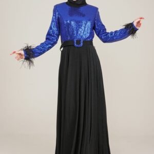 Lamora Sparkly Top  Long Ladies Dress with Belt for Special Occasion - Royal Blue