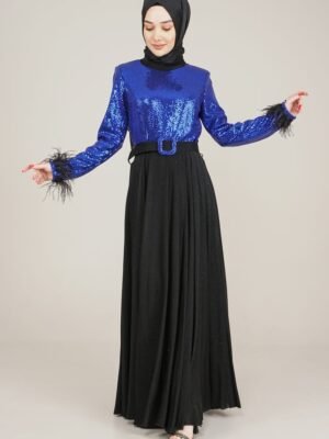 Lamora Sparkly Top  Long Ladies Dress with Belt for Special Occasion - Royal Blue