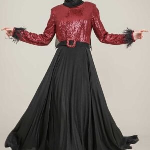 Lamora's Sparkly Top Long Ladies Dress  with Belt for Special Occasion - Burgundy