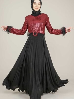 Lamora's Sparkly Top Long Ladies Dress  with Belt for Special Occasion - Burgundy