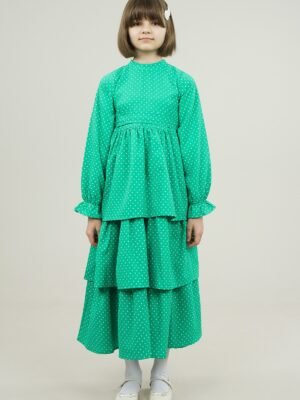 Polka Dot Girls Dress with Skirt Layers - Green | فساتین بنات
