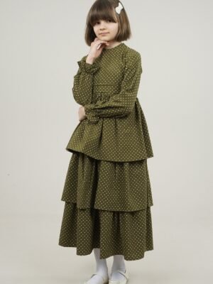 Polka Dot Girls Dress with Skirt Layers - Khaki | فساتین بنات