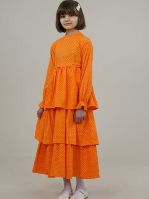 Polka Dot Girls Dress with Skirt Layers - Orange | فساتین بنات