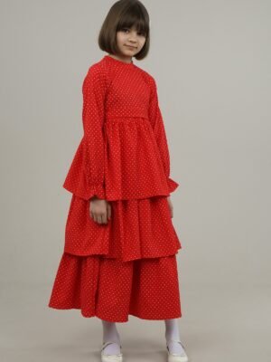 Polka Dot Girls Dress with Skirt Layers - Red