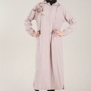 Practical Zippered & Embroidered Ladies Abaya with Hoodie - Beige