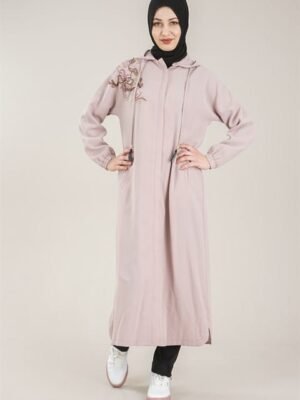 Practical Zippered & Embroidered Ladies Abaya with Hoodie - Beige