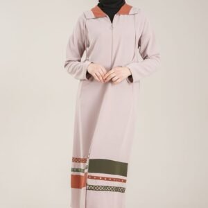 Practical Zippered & Embroidered Ladies Abaya with Hoodie - Beige