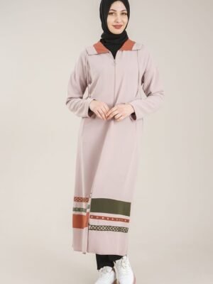 Practical Zippered & Embroidered Ladies Abaya with Hoodie - Beige