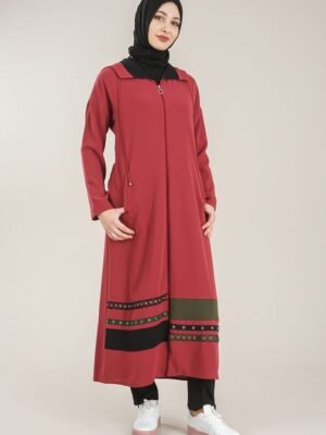 Practical Zippered & Embroidered Ladies Abaya with Hoodie - Plum
