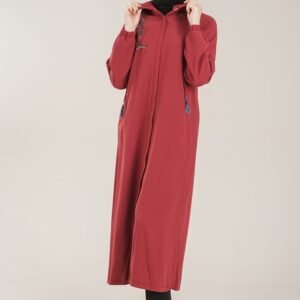 Practical Zippered & Embroidered Ladies Abaya with Hoodie-Plum