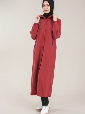 Practical Zippered & Embroidered Ladies Abaya with Hoodie-Plum