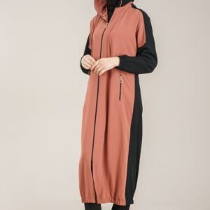 Practical Zippered Ladies Abaya with Hoodie - Taba
