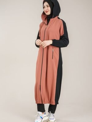 Practical Zippered Ladies Abaya with Hoodie - Taba