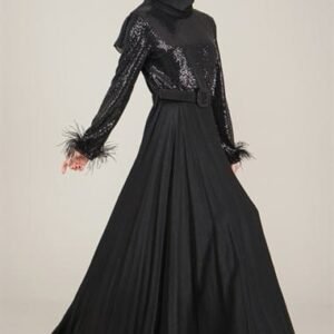 Sparkly Top Ladies Long Dress  with Belt for Special Occasion - Black