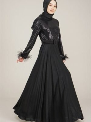 Sparkly Top Ladies Long Dress  with Belt for Special Occasion - Black